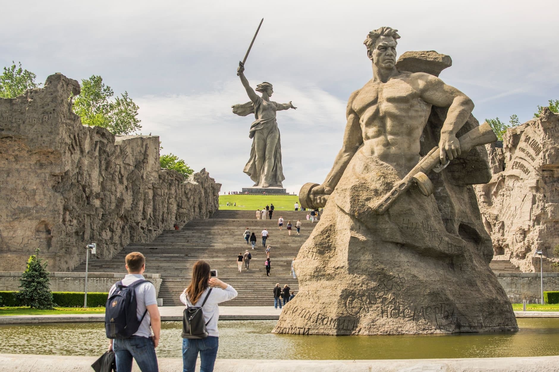 The Motherland Calls statue, a prominent monument in Volgograd, Russia, captured from the front.
