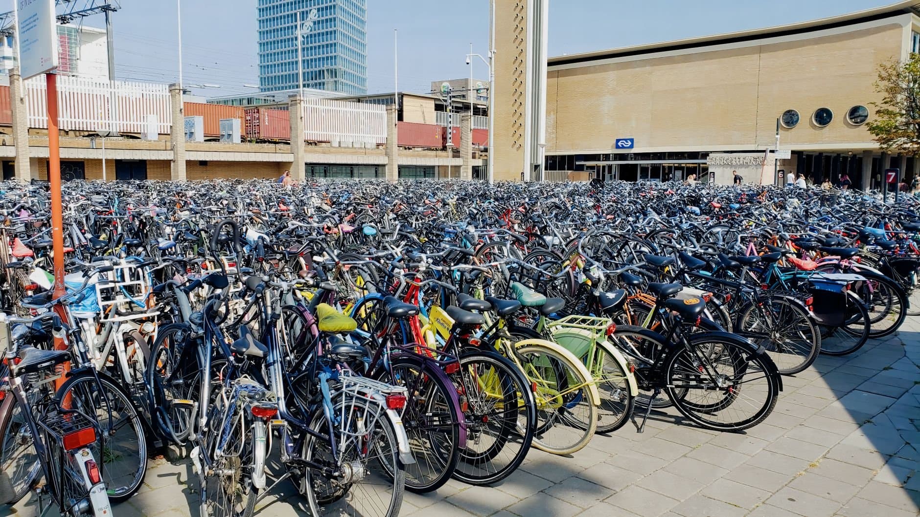 A large collection of bicycles parked outside Eindhoven central station in the Netherlands.